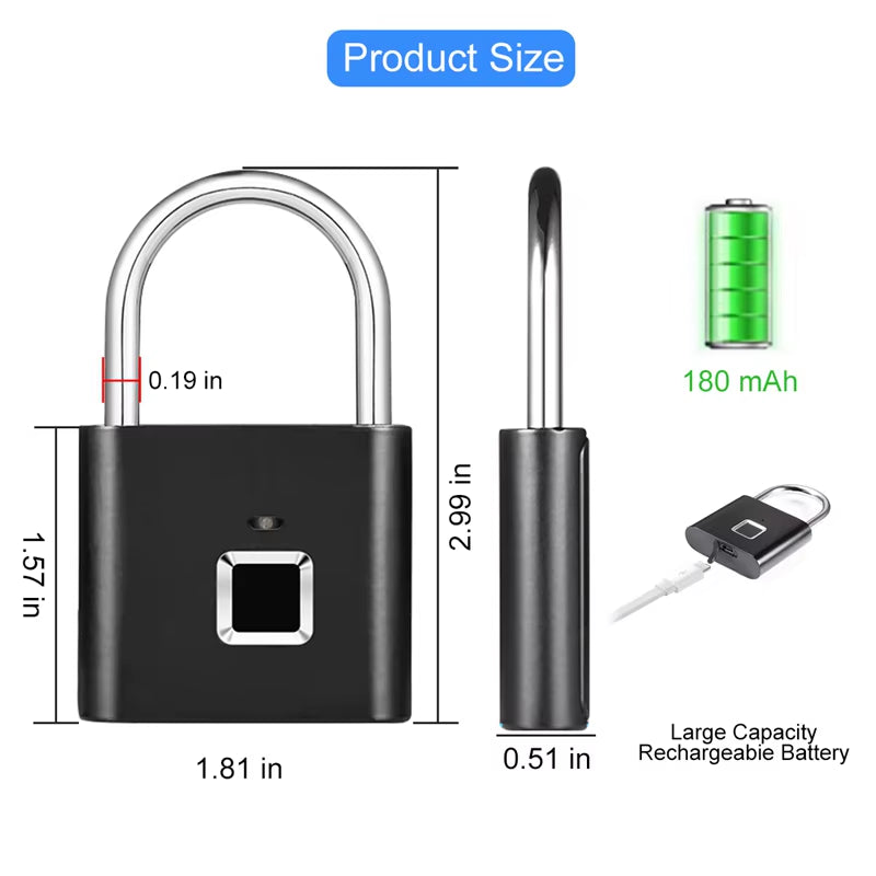 Biometric Door Lock Keyless Fingerprint Padlock Security Fingerprint Lock Electric Luggage Case Smart Lock Anti-Theft Door Lock